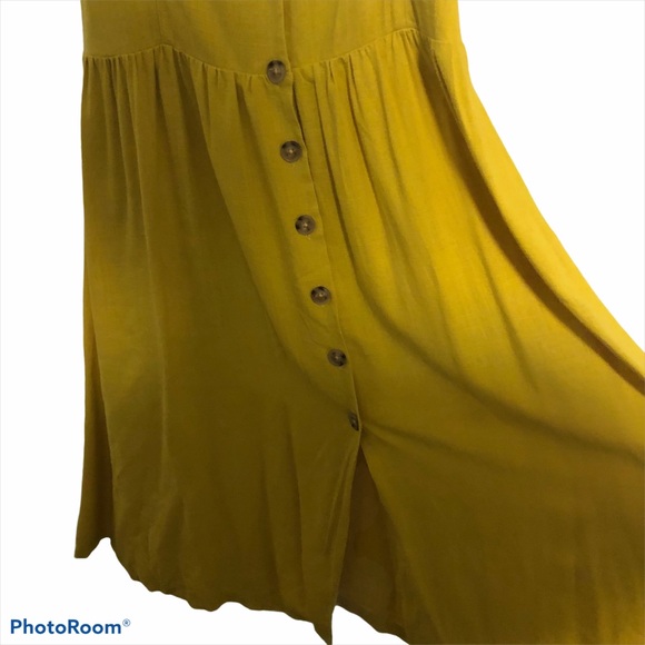 Urban Outfitters Linen Button-Down Drop Waist Pleated Skirt Midi Dress Mustard - Picture 8 of 16